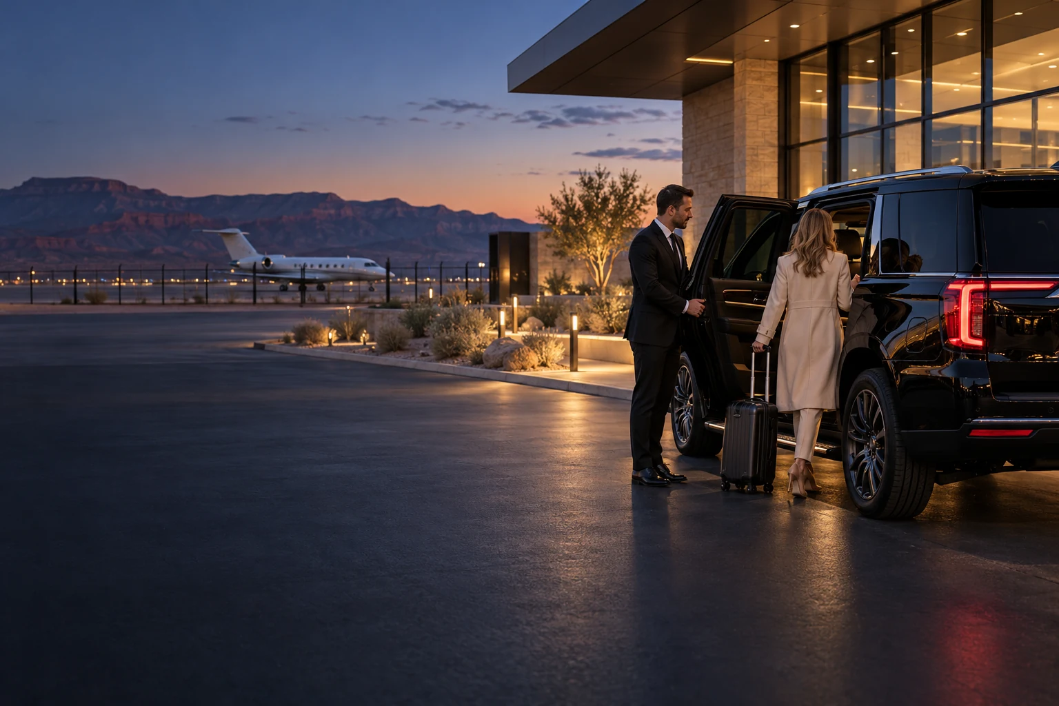 Private Aviation. A Ground Arrival to Match. illustrative luxury airport transportation concept