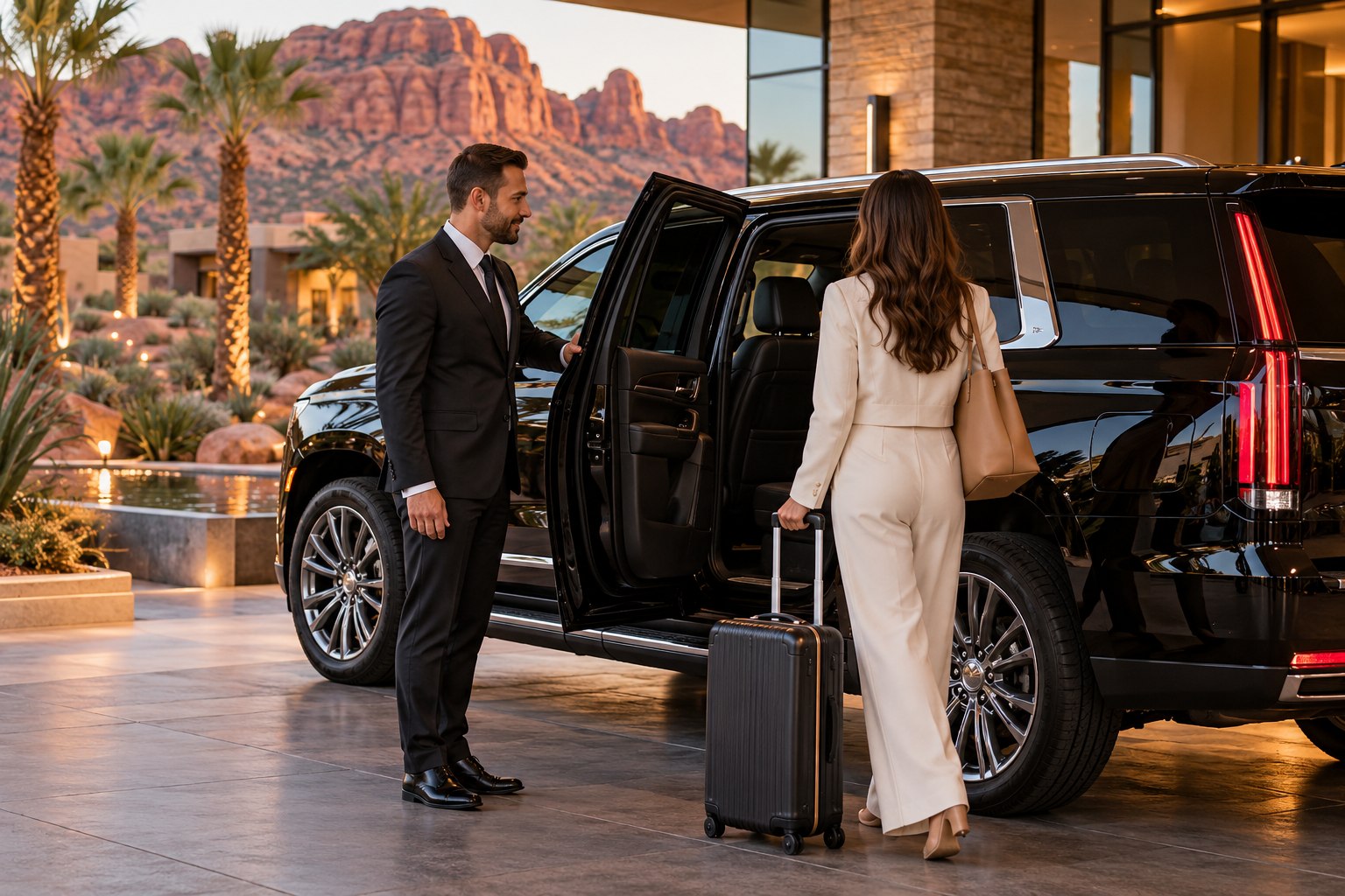 Illustrative chauffeur welcoming a guest beside a black SUV at a Southern Utah resort