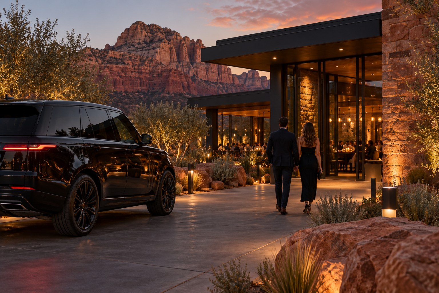 Conceptual black SUV arrival at an understated Southern Utah restaurant at dusk