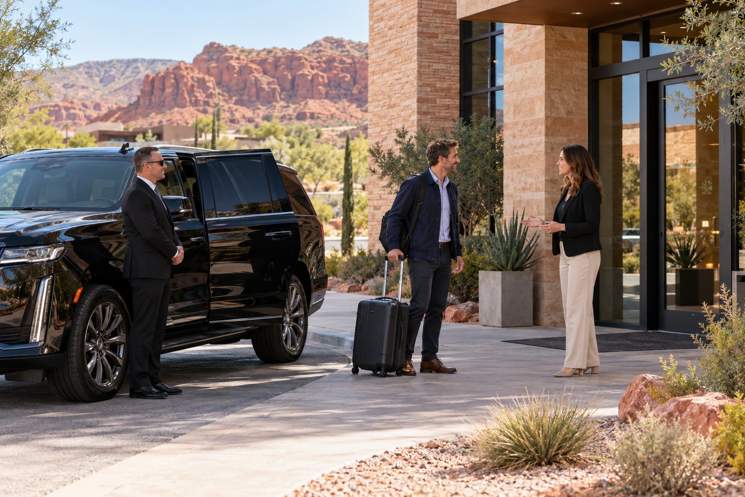 Illustrative business traveler and host outside a generic Southern Utah office