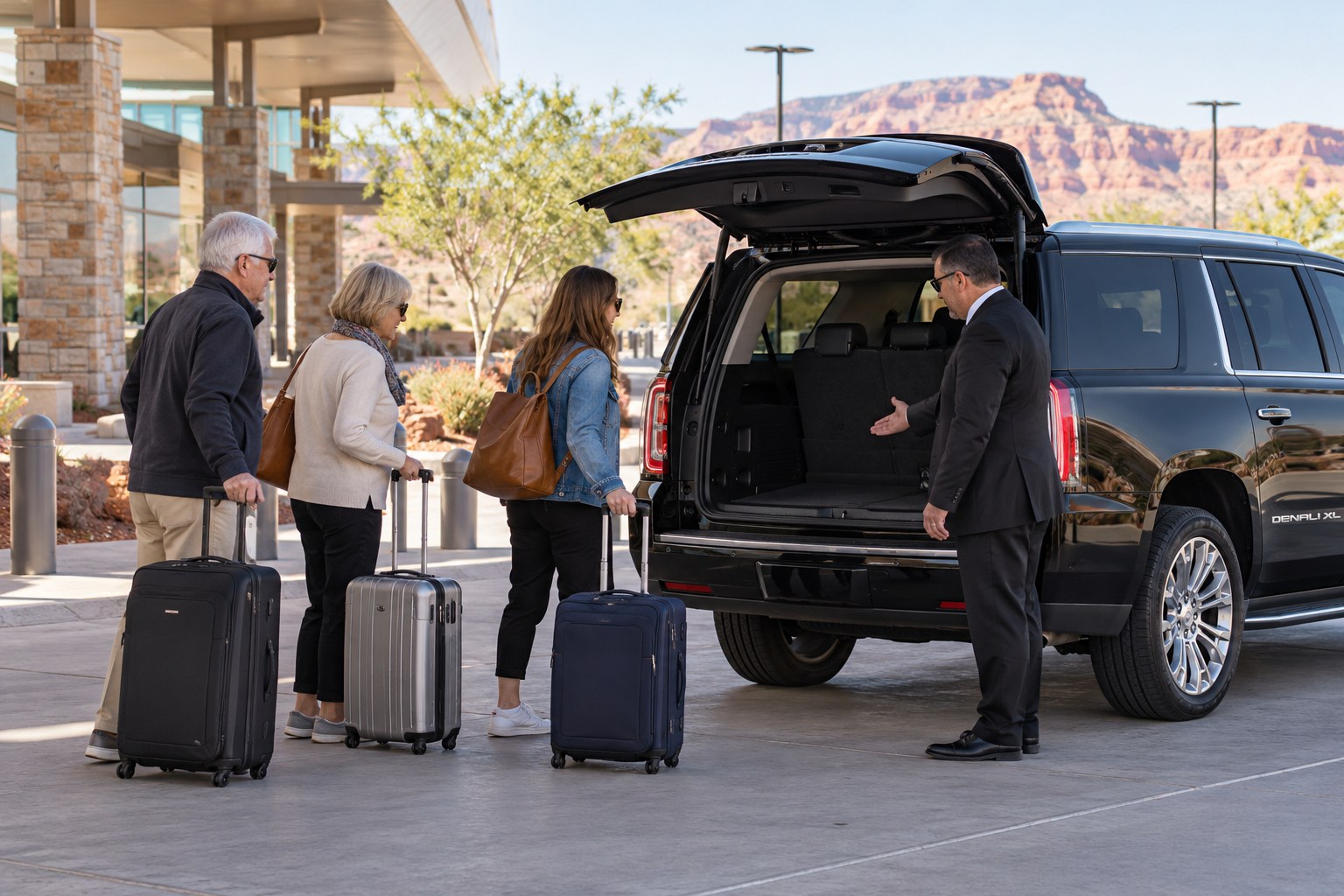 Illustrative family with luggage and chauffeur beside a black luxury SUV at a generic regional terminal